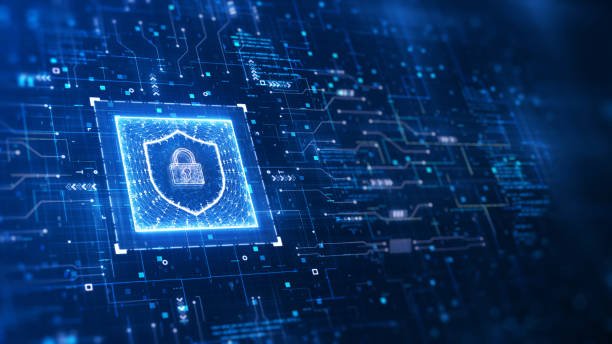 Cybersecurity concept of data protection in digital technology. There is a padlock in a prominent shield on the left, an abstract circuit surrounding the binary and fractal code. perspective design.